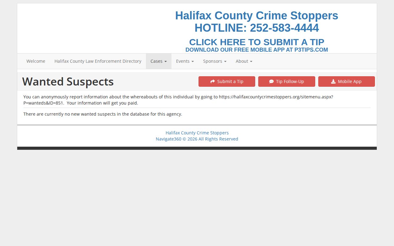 Halifax County Crime Stoppers wanted-suspects page reference