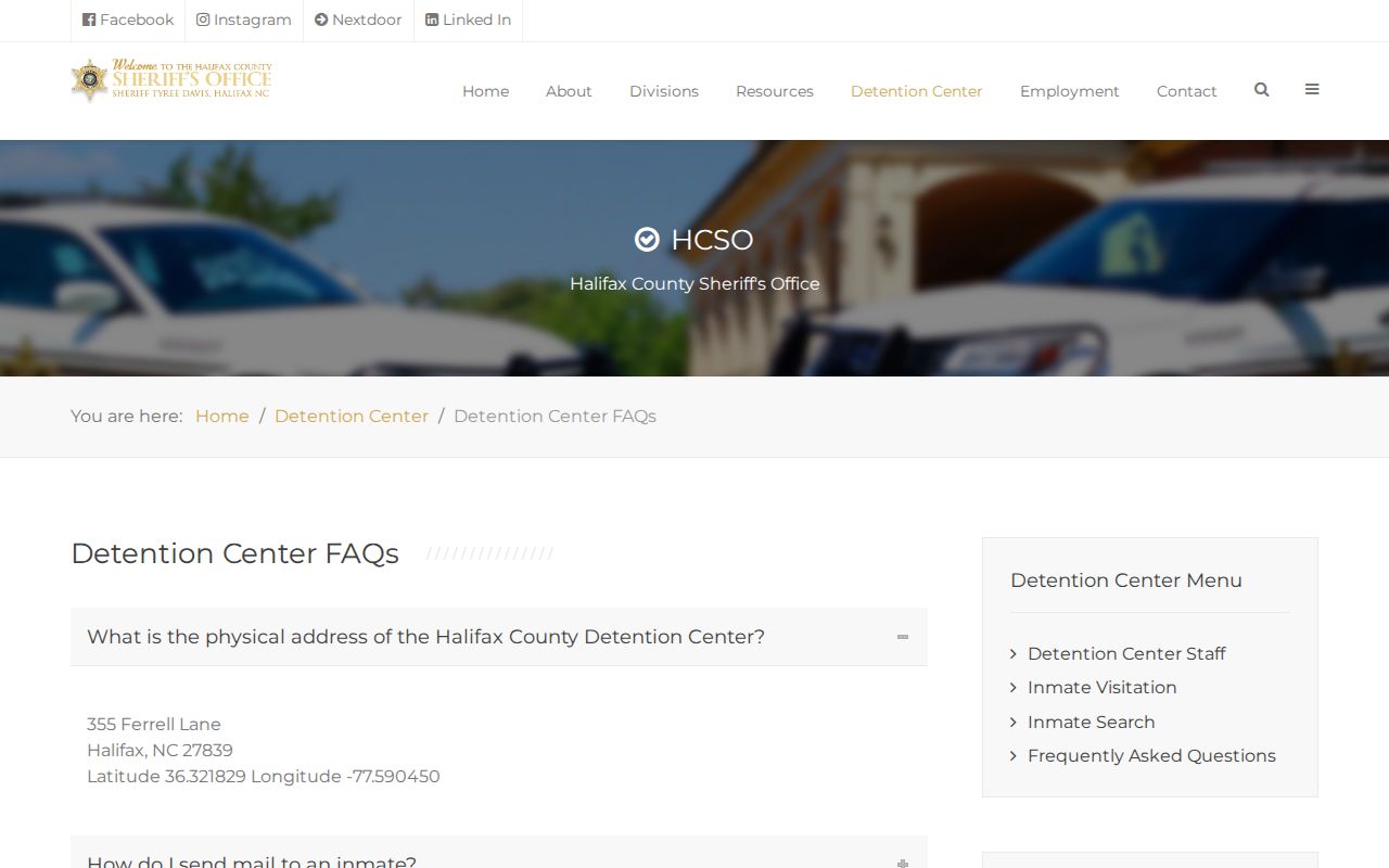 Halifax County Detention Center official FAQ reference for booking records